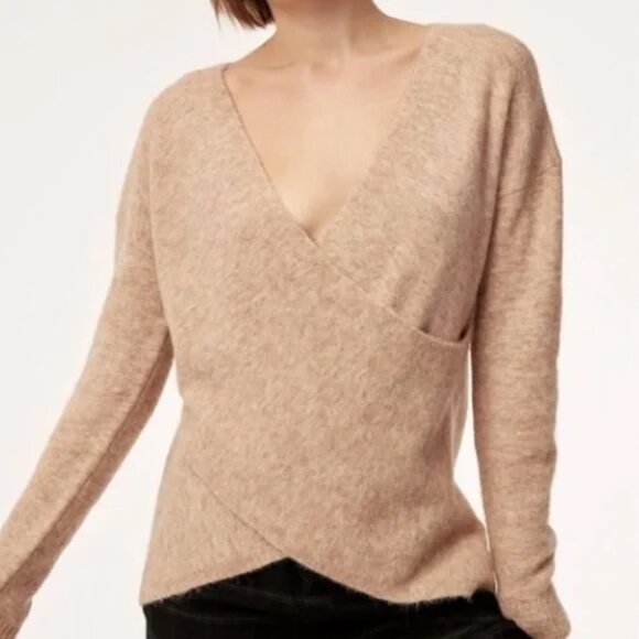 Aritzia The Group Wool Yak Bandini Cross Knit Wrap Sweater Light Tan Size Large - Picture 2 of 6